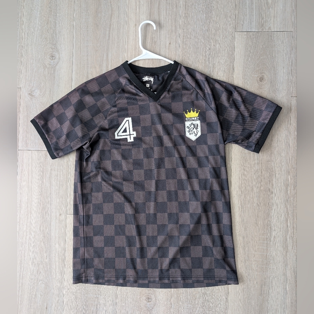 Stussy Black and Brown Checkered Jersey with Yellow Crest